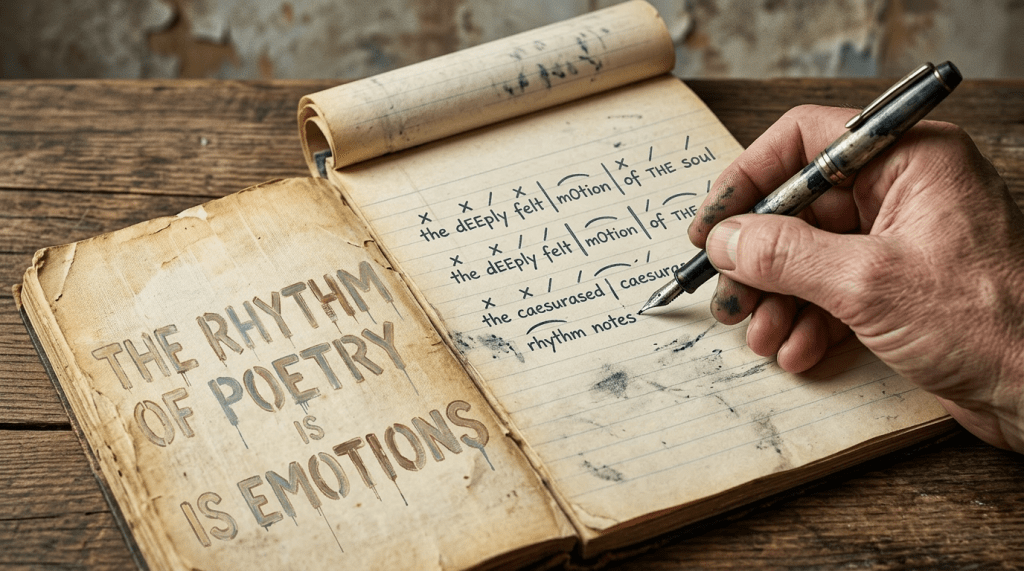 Mural on a peeling textured wall with the text 'THE RHYTHM OF POETRY IS EMOTIONS'.