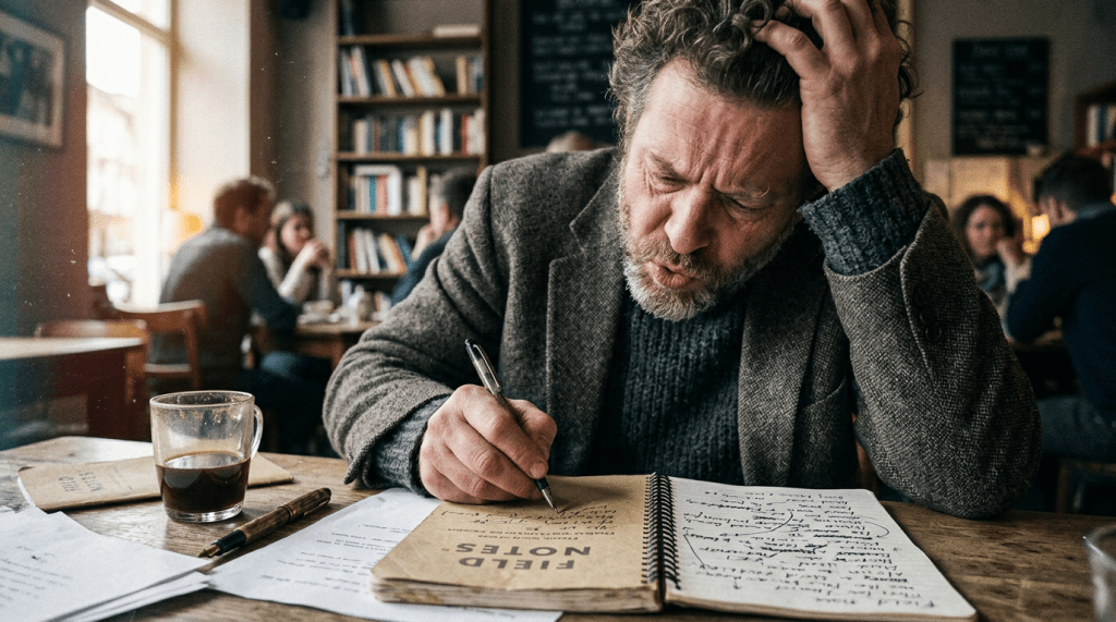 poet intensely rhyming while writing in notepad