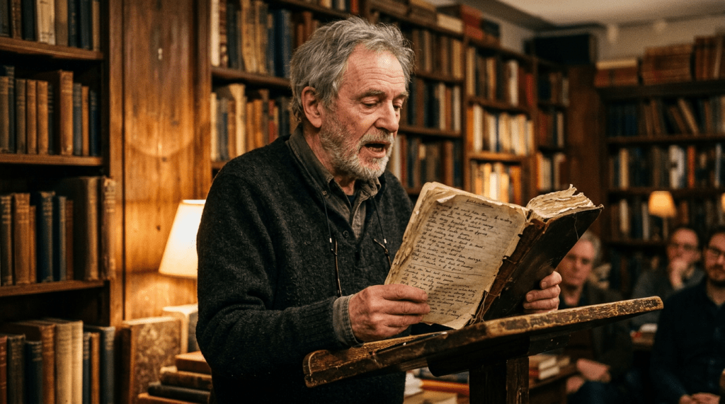 Poet reading aloud from old notebook