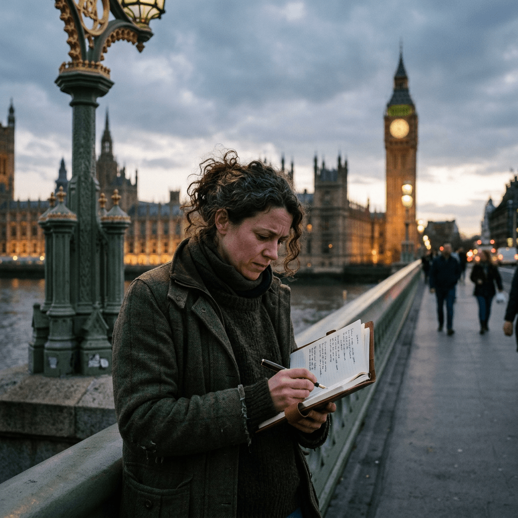 Poet writing sonnet on Westminster Bridge, Parliament behind