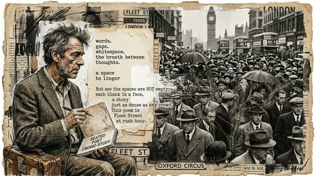 Seated poet comparing poem whitespace to London crowd
