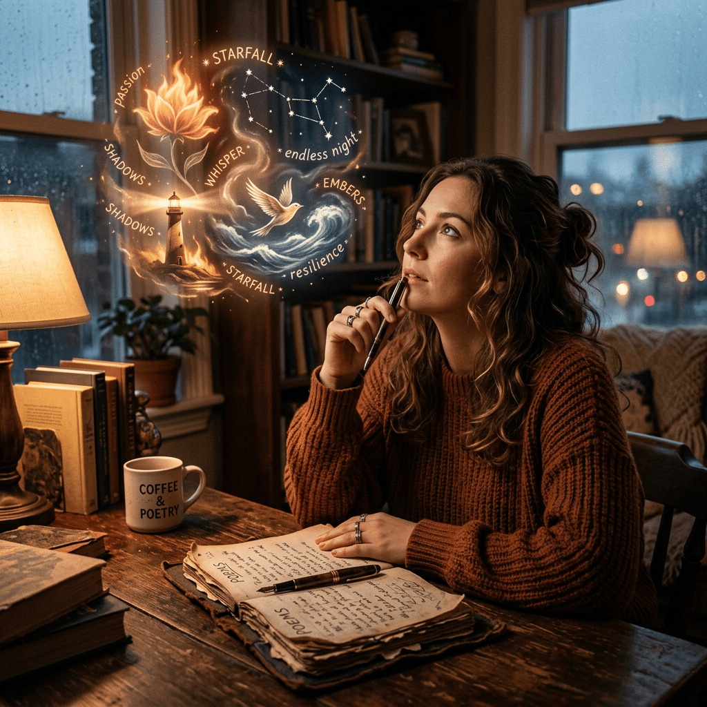 Poet imagining metaphors above battered notepad