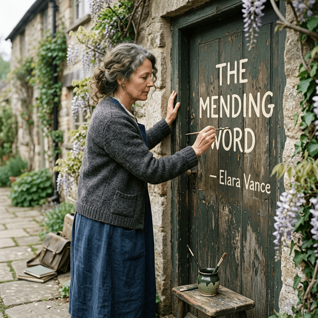 Poet copying poem title onto wooden door