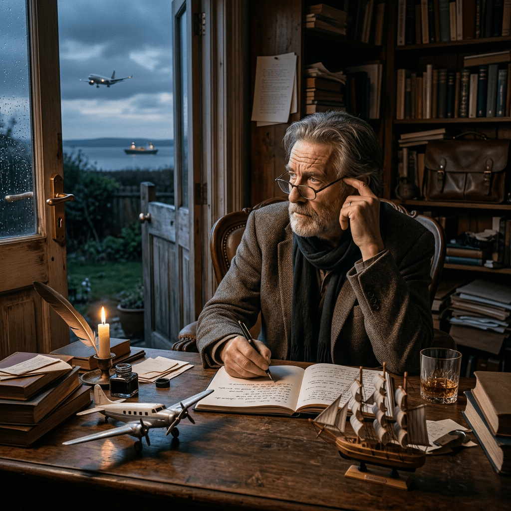 Poet pondering ending: plane, ship, door imagery