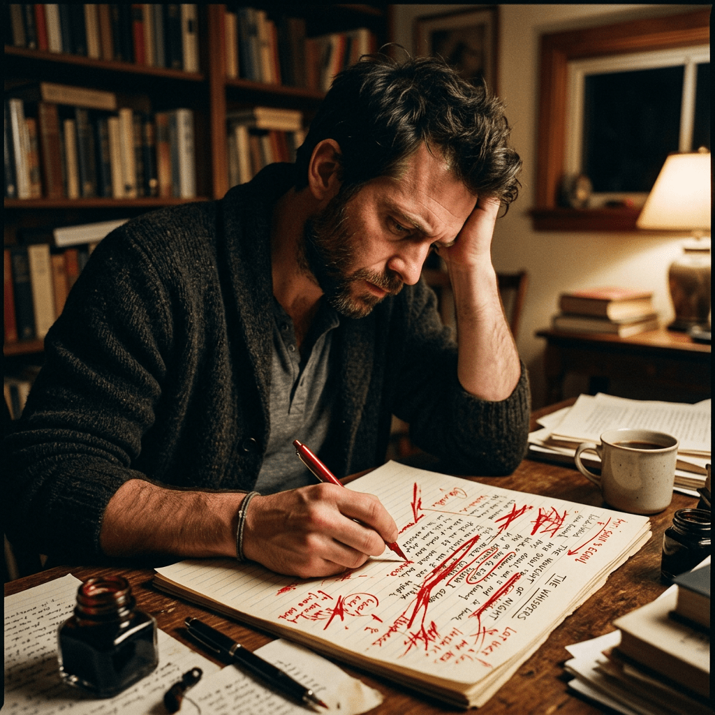 Poet editing poem, red ink like bleeding lines