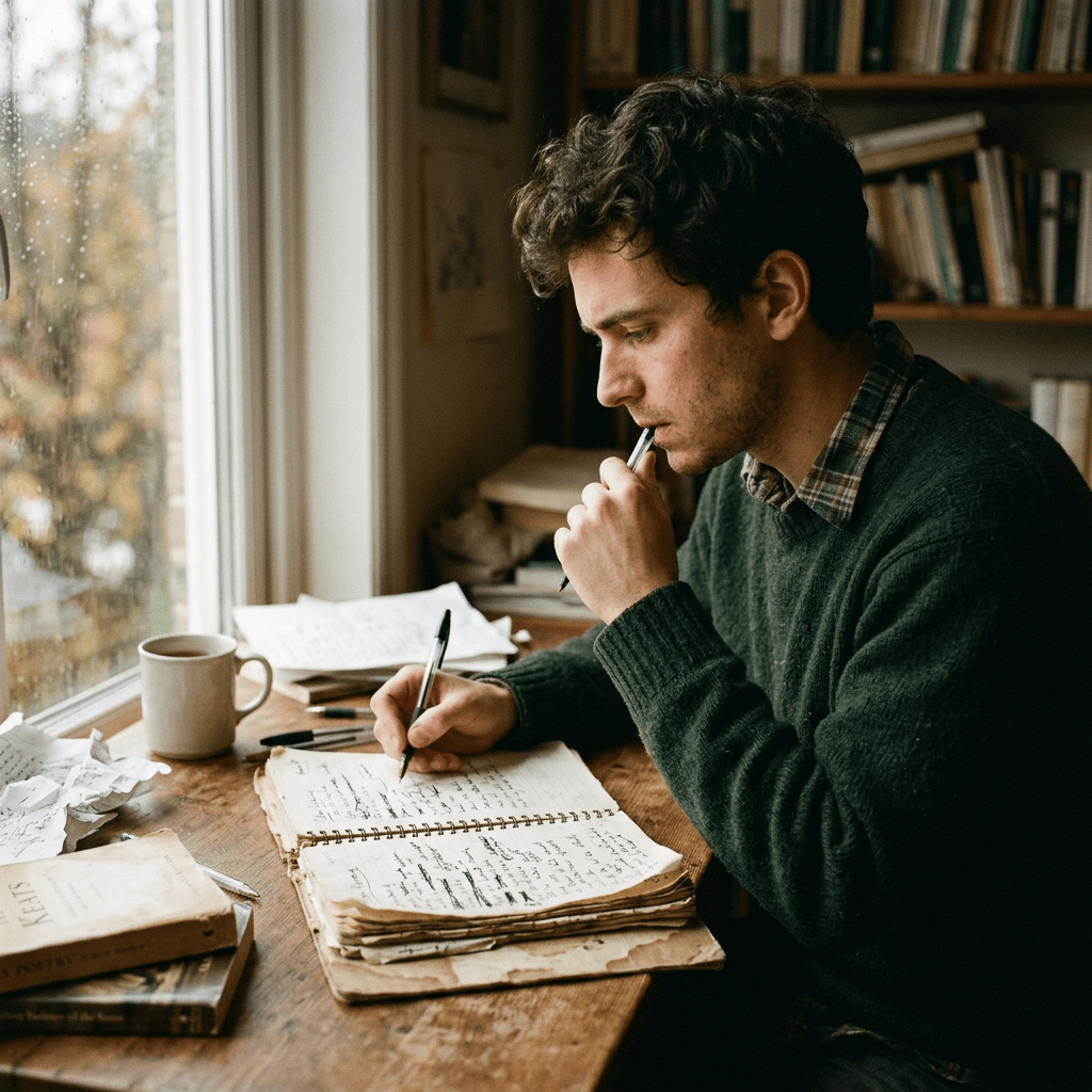 Poet refining voice writing in battered notepad