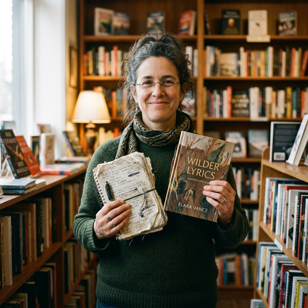 Poet holding published collection and battered notepad