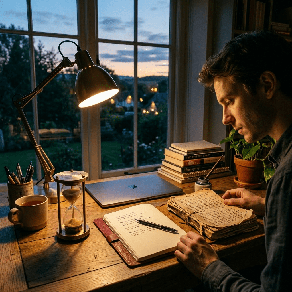 Wooden desk with open notebook, pen, laptop, desk lamp, hourglass, cup, plant, and books near a window at dusk